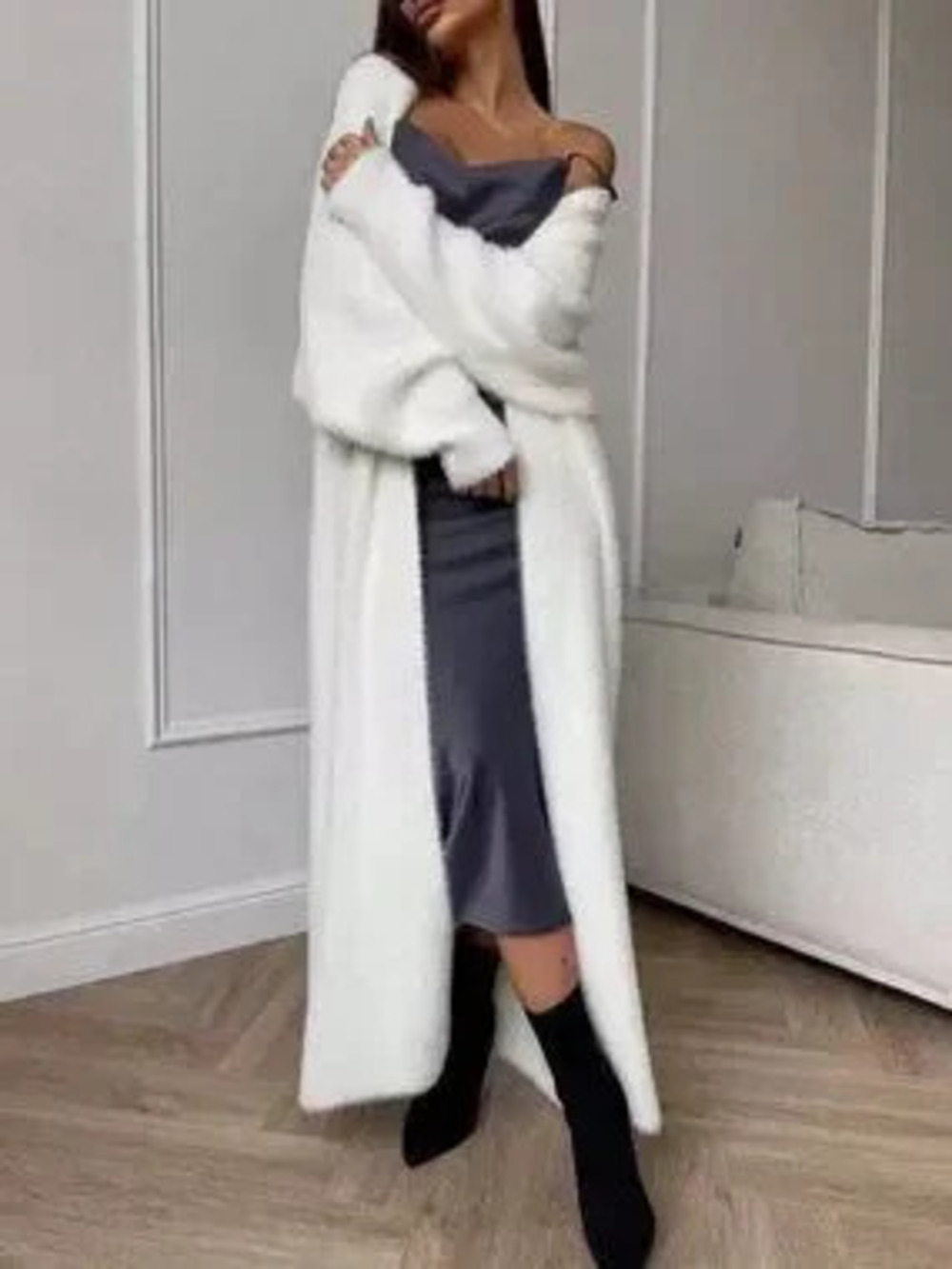 ZARA White Casual Women's Fuzzy Drop Shoulder V Neck Long Cardigan